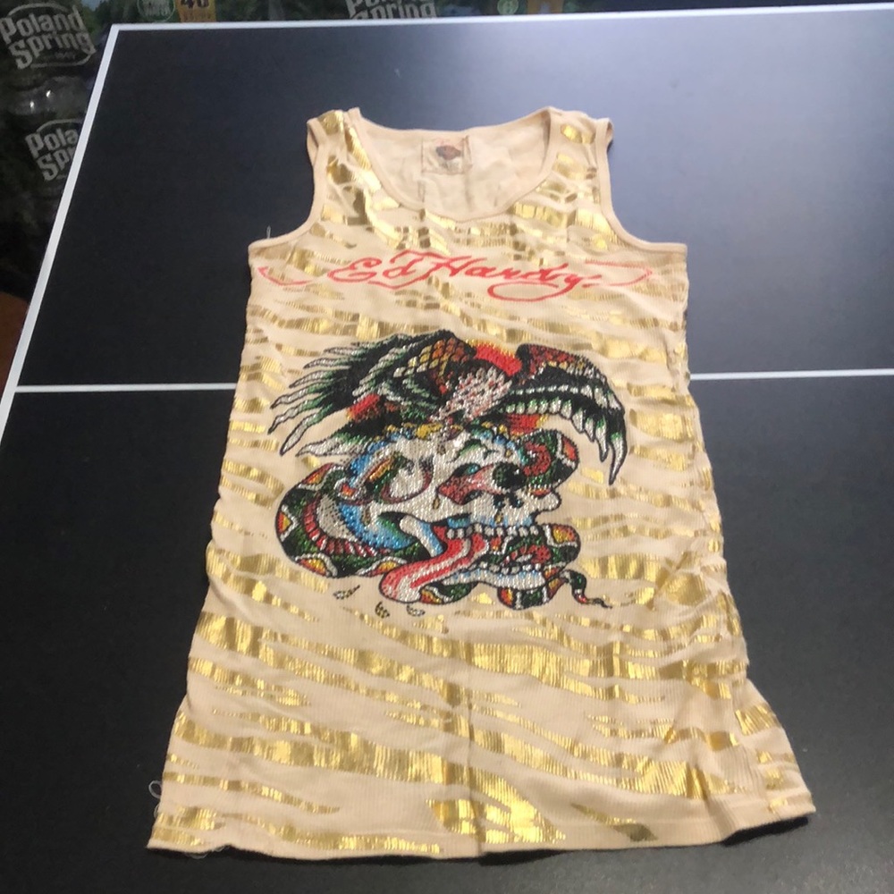 Ed Hardy tiger print tank top with bedazzled skull snake hawk
